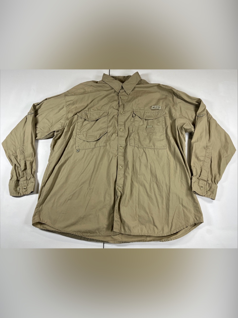 COLUMBIA PFG Fishing Shirt Mens XL Bahama II Long Sleeve Vented Hunting Beige
